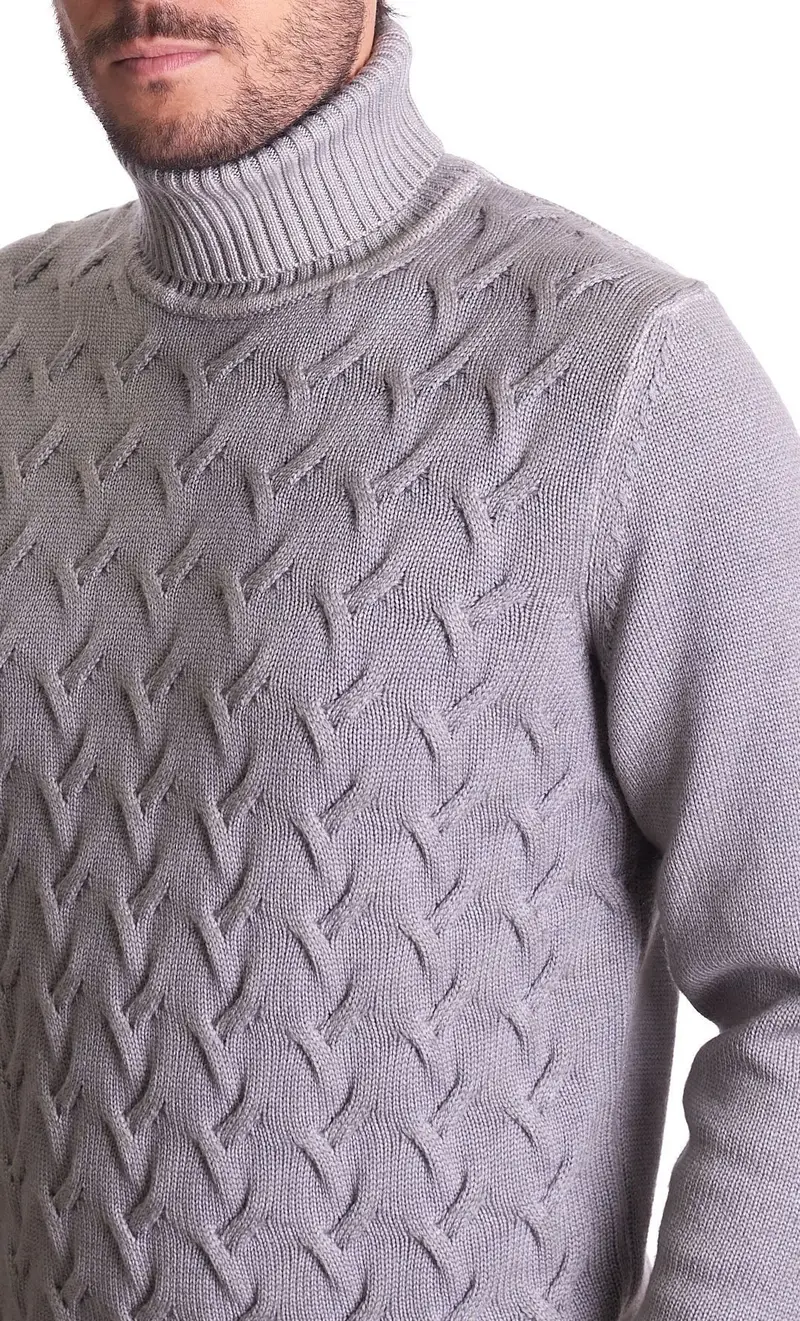 Maglione dolcevita a trecce in lana merino privati firenze, colore grigio miniatura 2