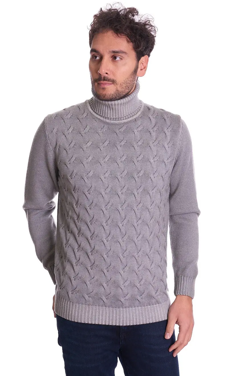 Maglione dolcevita a trecce in lana merino privati firenze, colore grigio
