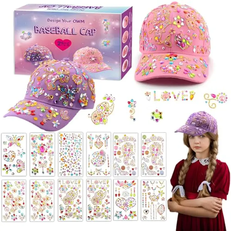 Probuk 2PCS Fai Da Te Cappellino da Baseball, Kit Berretto da Baseball Fai da te, Cappello Baseball Bambino con Gemma Stickers, Regalo Bambina 5 6 7 8 9 10 Anni, Regalo Ragazza Cappello Baseball