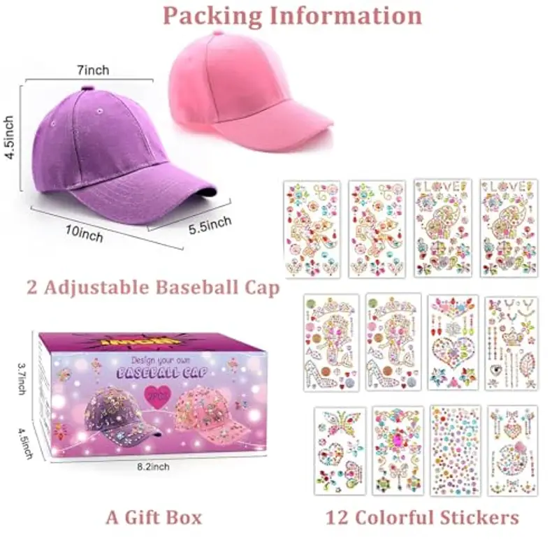 Probuk 2PCS Fai Da Te Cappellino da Baseball, Kit Berretto da Baseball Fai da te, Cappello Baseball Bambino con Gemma Stickers, Regalo Bambina 5 6 7 8 9 10 Anni, Regalo Ragazza Cappello Baseball miniatura 2