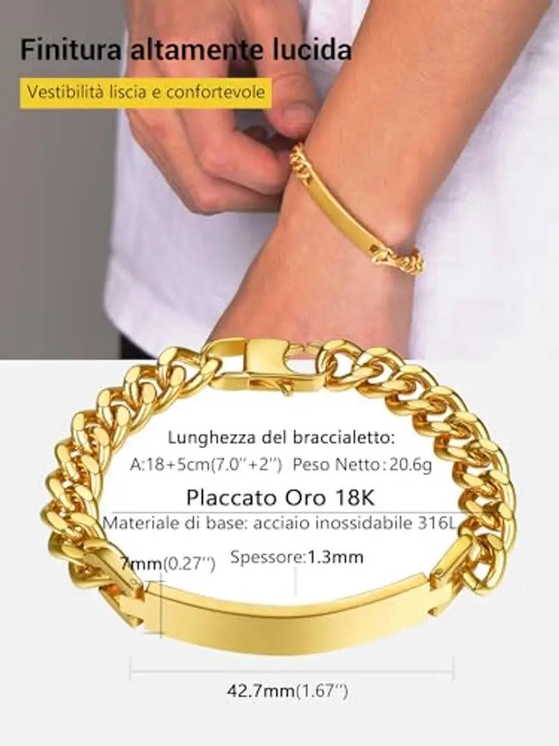 PROSTEEL Bracciale Uomo Personalizzabile in Acciaio Inossidabile Oro 21cm Stile Hip Hop Punk Con Confezione Regalo miniatura 3