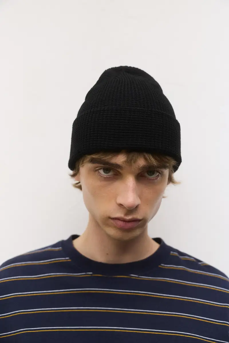 Berretto Beanie In Maglia Waffle Nero miniatura 2