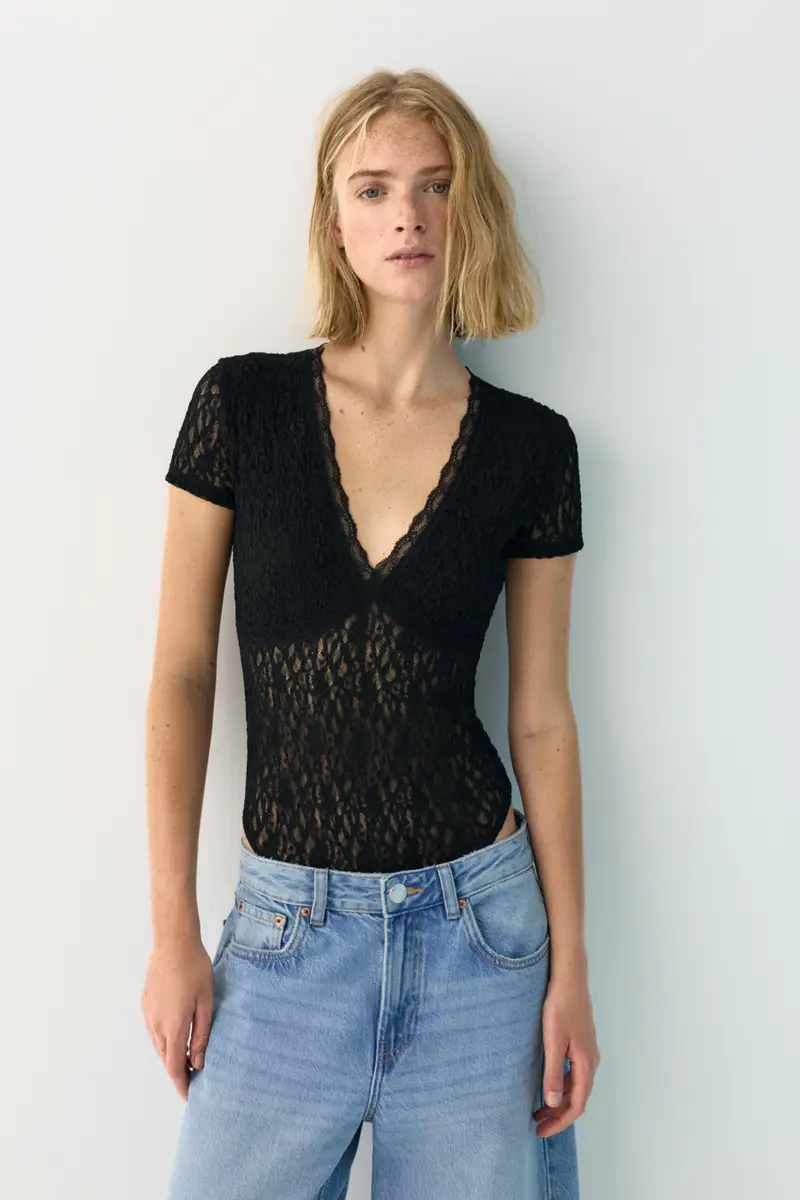 Body In Pizzo A Maniche Corte Nero