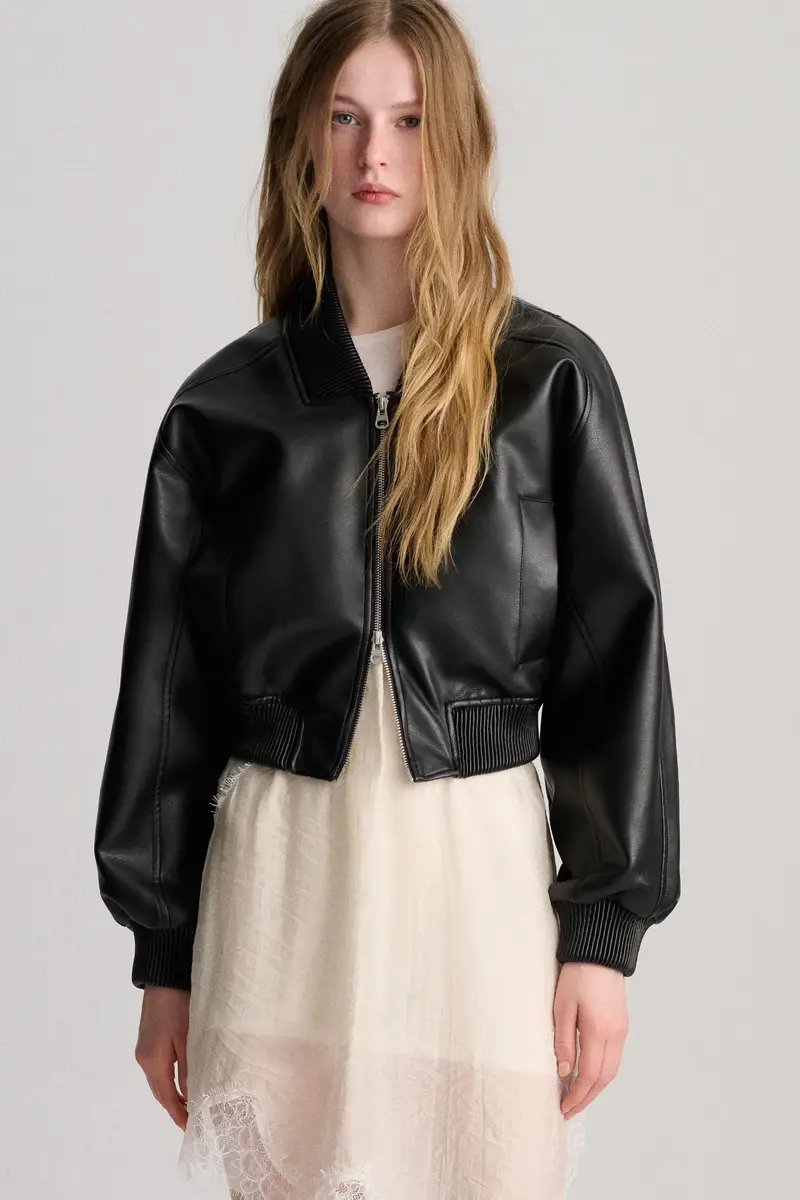 Bomber Finta Pelle Nero miniatura 2