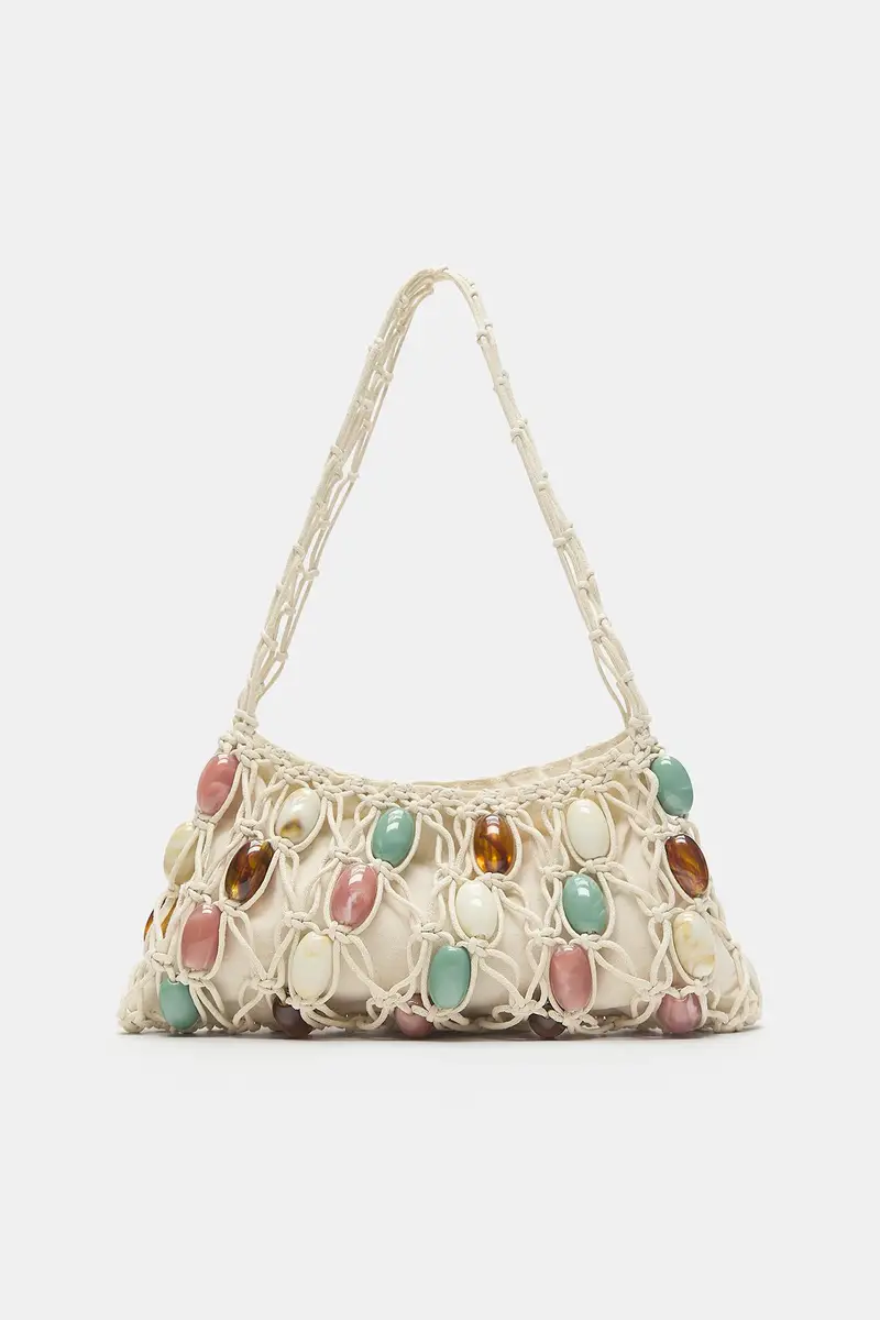 Borsa A Spalla Con Decorazioni Beige miniatura 2