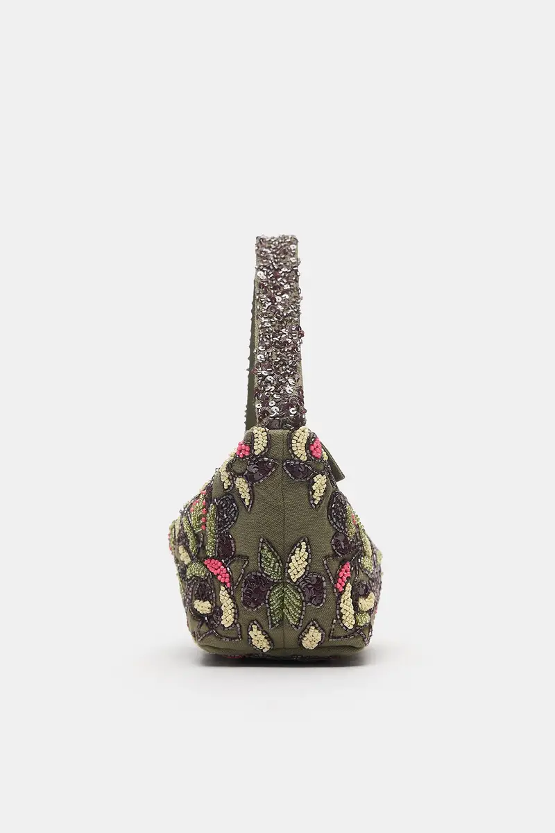 Borsa A Spalla Con Perline Kaki miniatura 2