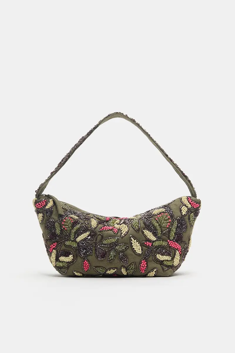 Borsa A Spalla Con Perline Kaki