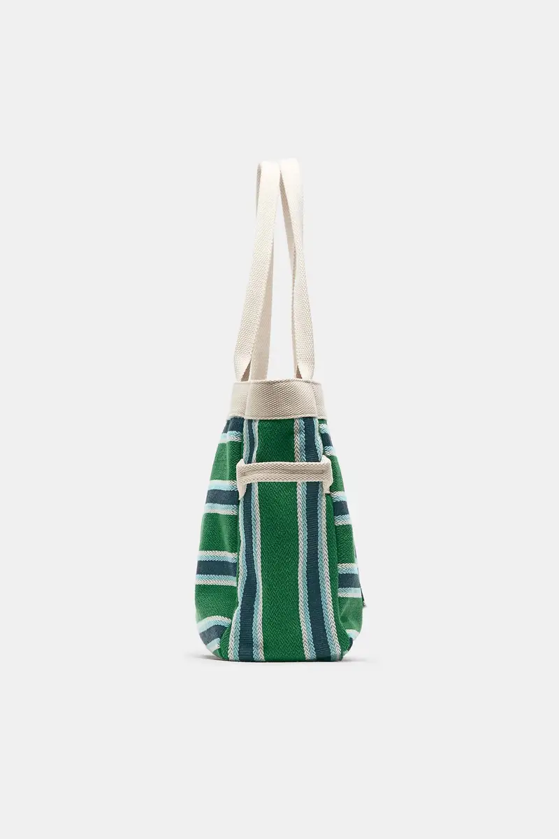 Borsa Shopper A Righe Kaki miniatura 3