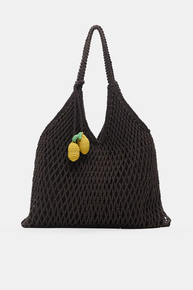 Borsa Shopper Con Decorazione Marrone miniatura 2