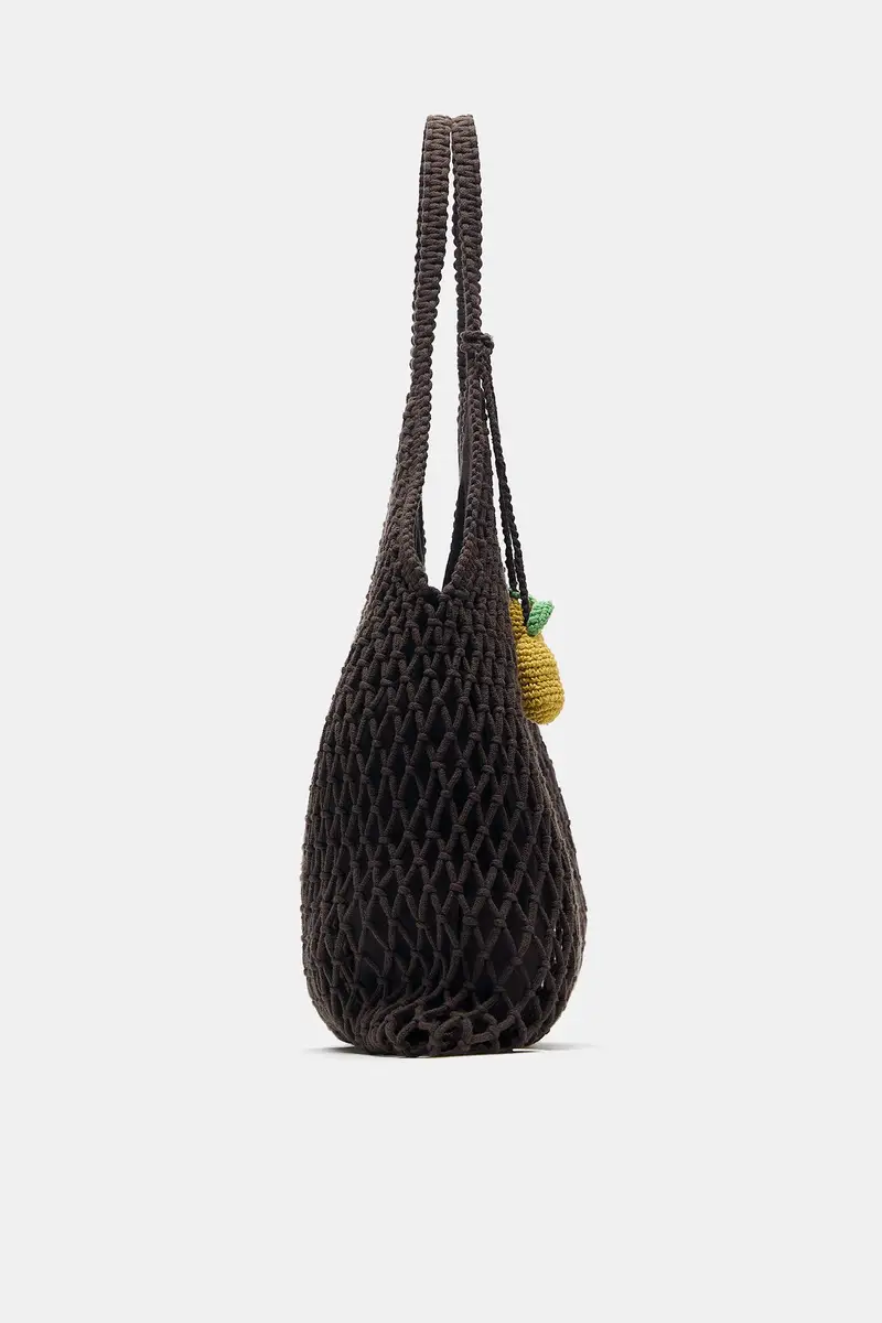 Borsa Shopper Con Decorazione Marrone miniatura 3