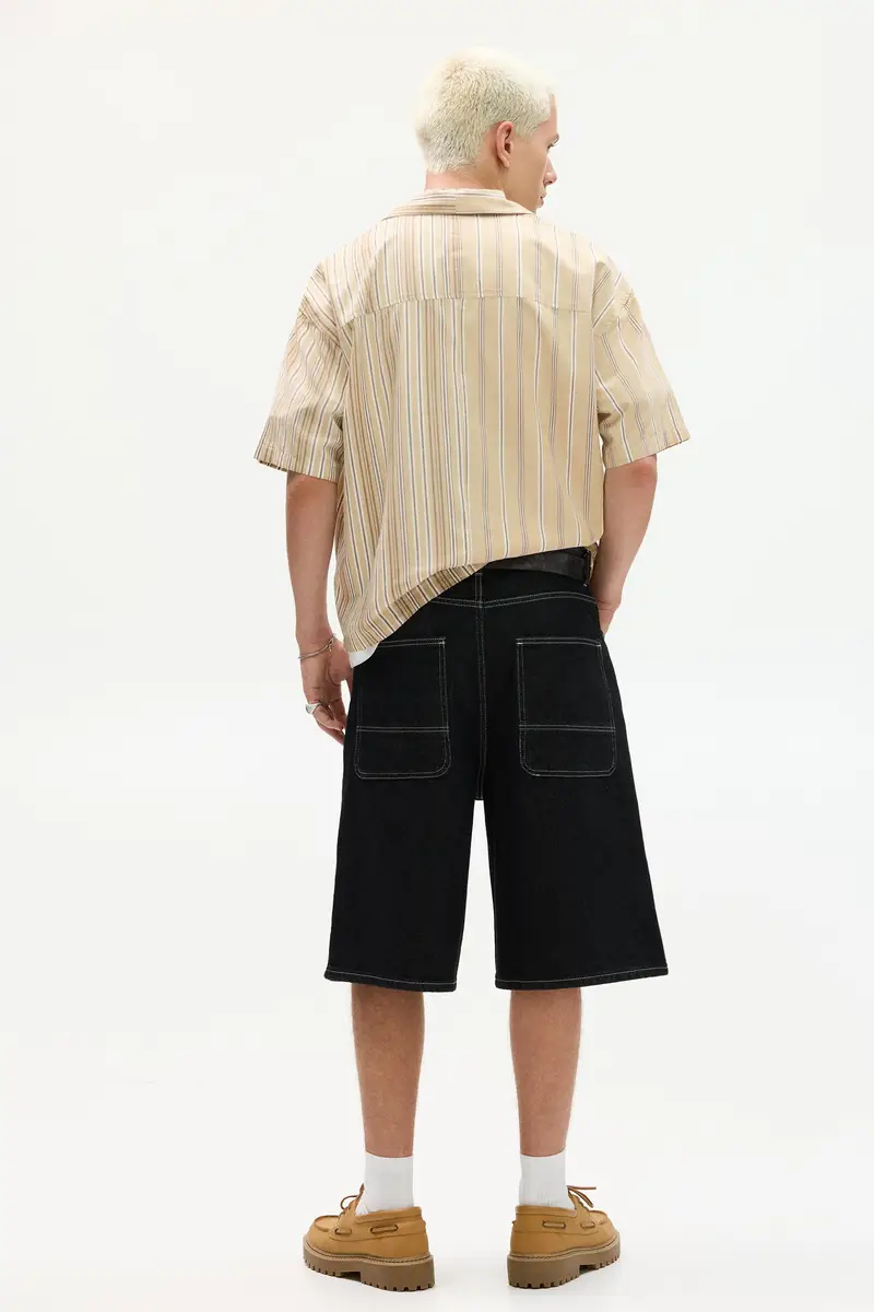 Camicia A Maniche Corte A Righe Asimmetriche Marrone tostato miniatura 2