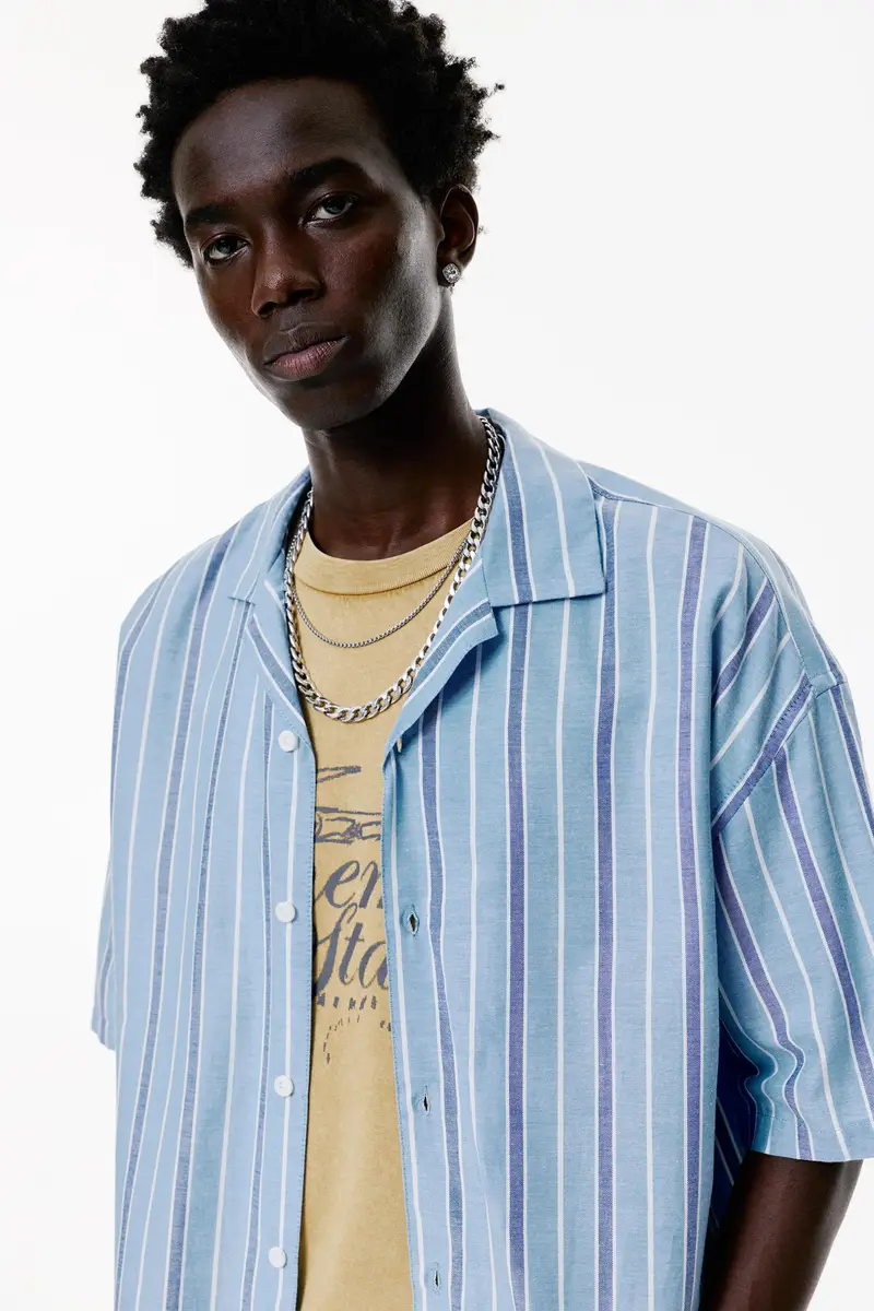 Camicia A Maniche Corte A Righe Azzurro miniatura 3