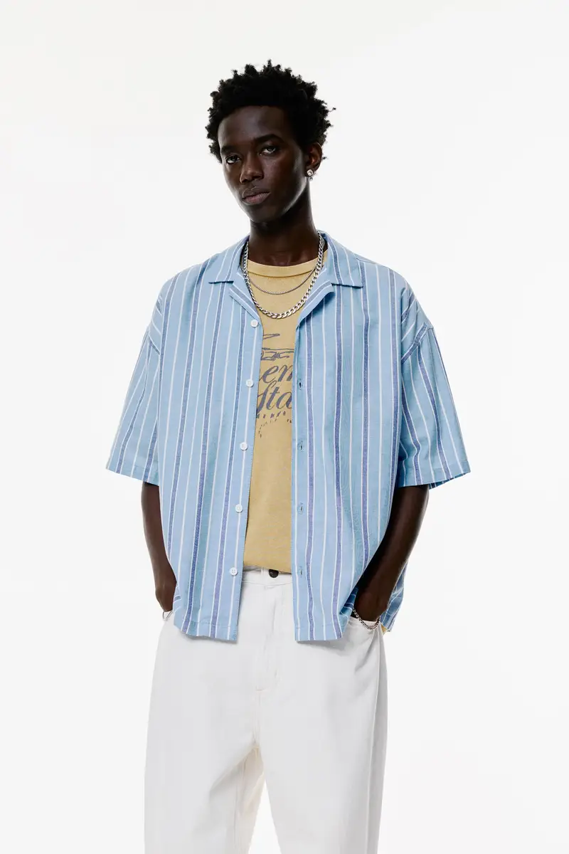 Camicia A Maniche Corte A Righe Azzurro