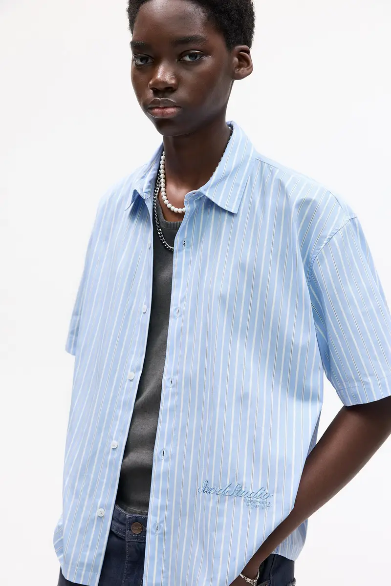 Camicia A Maniche Corte A Righe Stwd Azzurro miniatura 3