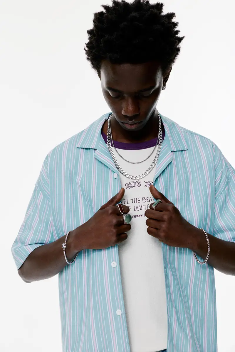 Camicia A Maniche Corte A Righe Verde miniatura 3