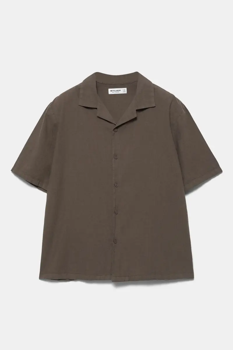 Camicia A Maniche Corte Con Lino Cioccolato miniatura 2