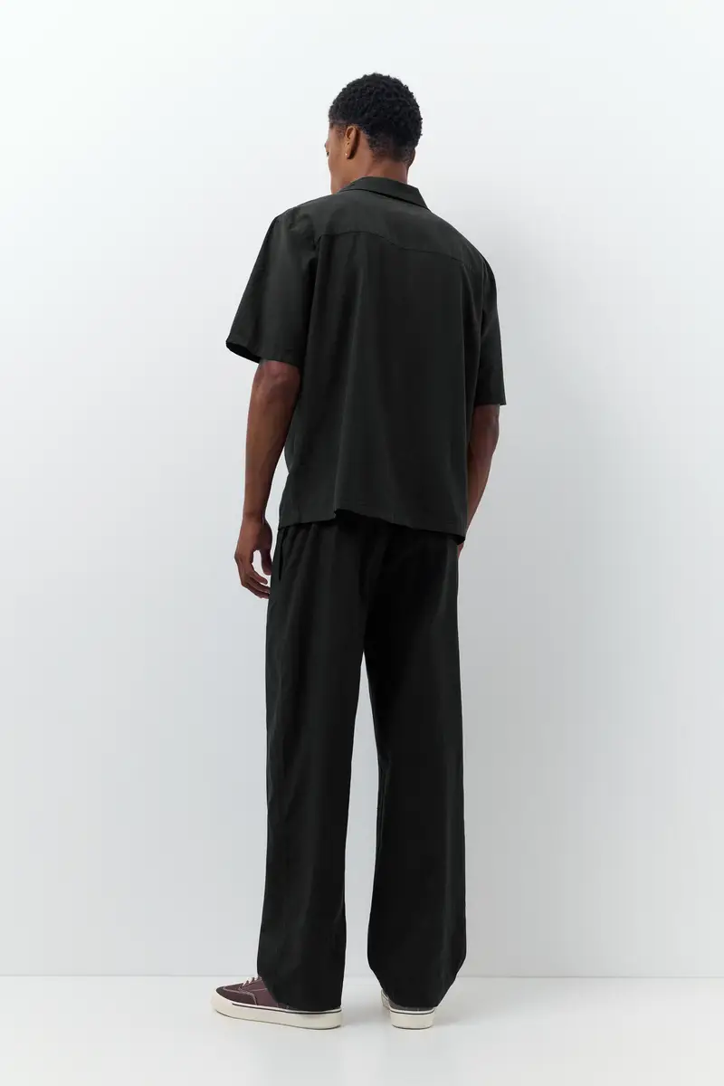 Camicia A Maniche Corte Con Lino Nero miniatura 3