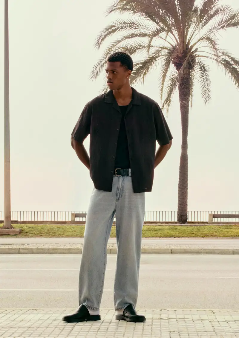 Camicia A Maniche Corte Con Lino Nero