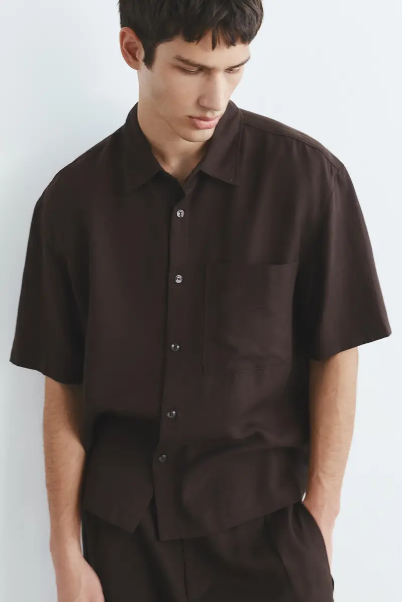Camicia A Maniche Corte Con Tasca Cioccolato