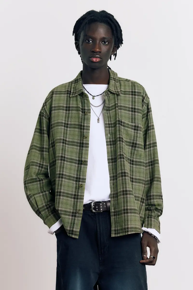 Camicia A Maniche Lunghe A Quadri Verde miniatura 2