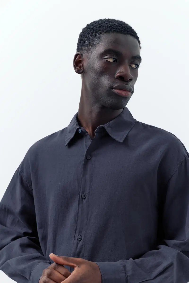 Camicia A Maniche Lunghe Con Lino Azzurro oscuro miniatura 3