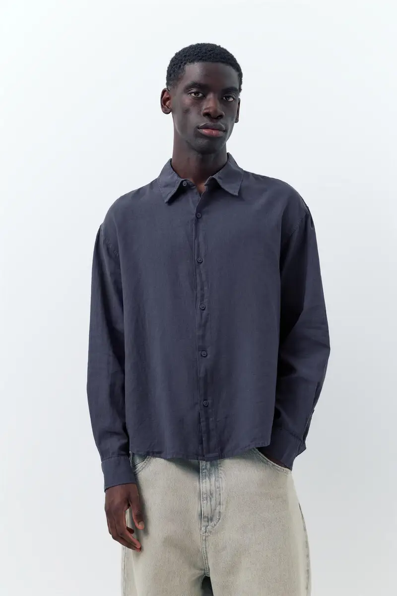 Camicia A Maniche Lunghe Con Lino Azzurro oscuro