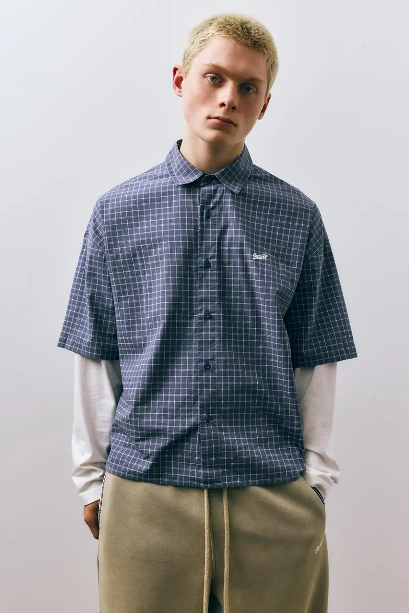 Camicia A Quadri A Doppia Manica Azzurro miniatura 2