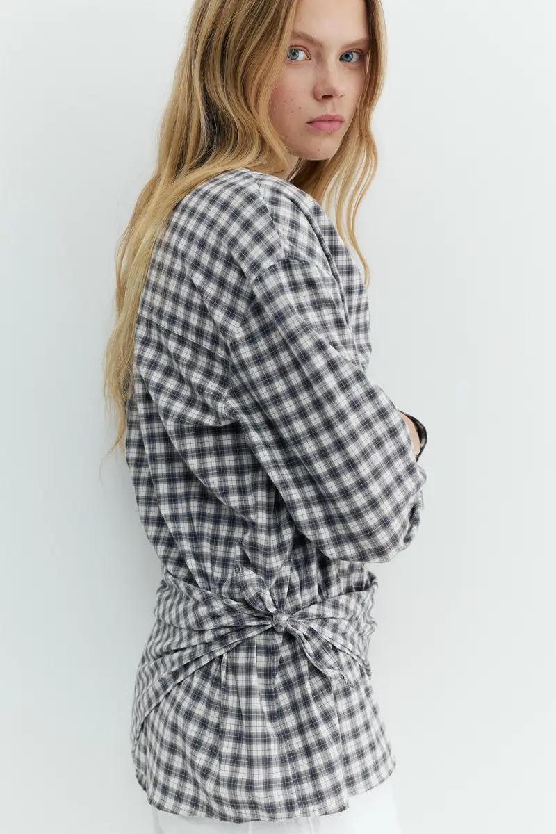 Camicia A Quadri Con Bandana In Vita Grigio miniatura 3