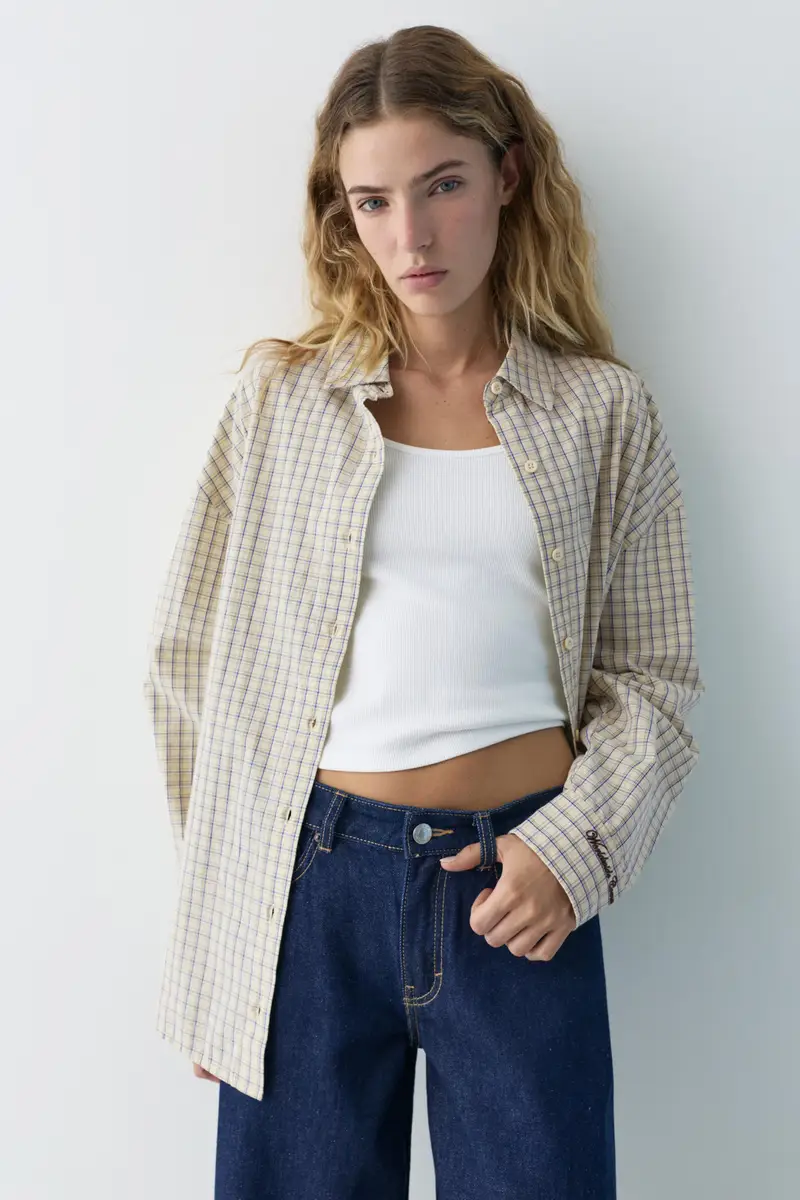 Camicia A Quadri Con Ricamo Sul Polsino Giallo miniatura 2