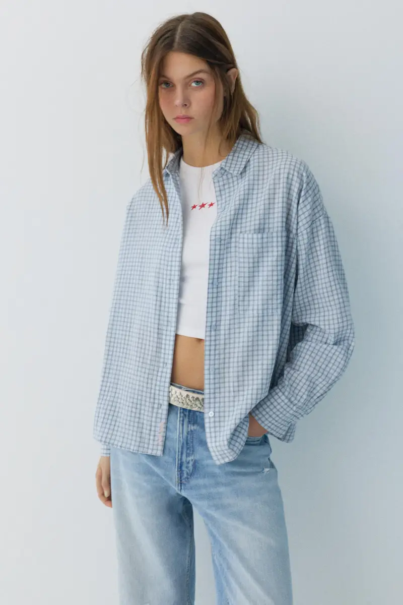 Camicia A Quadri Con Taschino Celeste miniatura 2