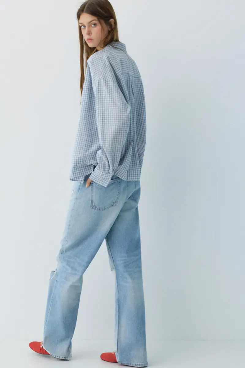 Camicia A Quadri Con Taschino Celeste miniatura 3