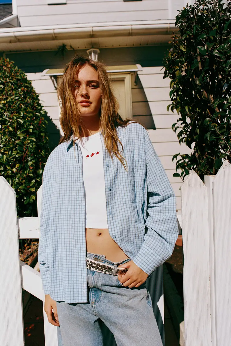 Camicia A Quadri Con Taschino Celeste