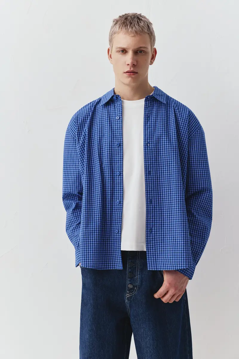 Camicia A Quadri Maniche Lunghe Azzurro miniatura 2