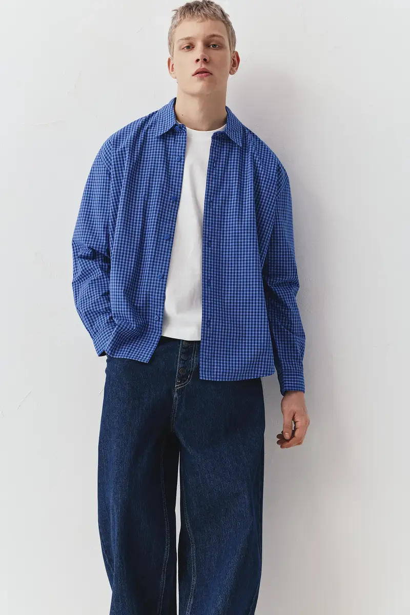 Camicia A Quadri Maniche Lunghe Azzurro