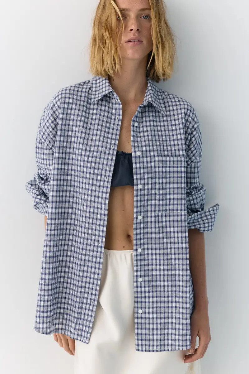 Camicia A Quadri Oversize Azzurro miniatura 3