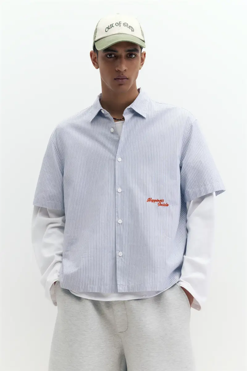 Camicia A Righe A Maniche Corte In Popeline Azzurro miniatura 2