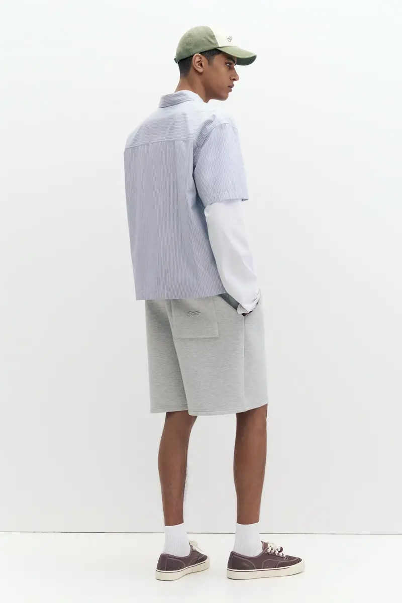 Camicia A Righe A Maniche Corte In Popeline Azzurro miniatura 3