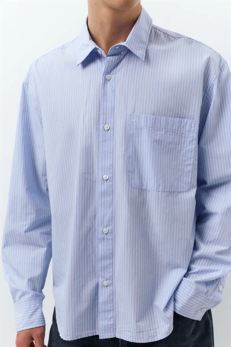 Camicia A Righe A Maniche Lunghe Azzurro miniatura 3