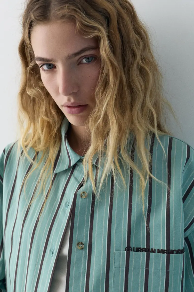 Camicia A Righe Con Taschino Turchese miniatura 2