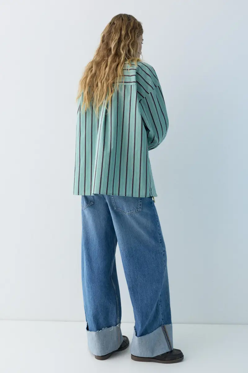 Camicia A Righe Con Taschino Turchese miniatura 3