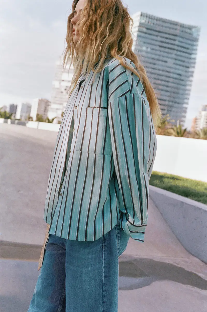 Camicia A Righe Con Taschino Turchese