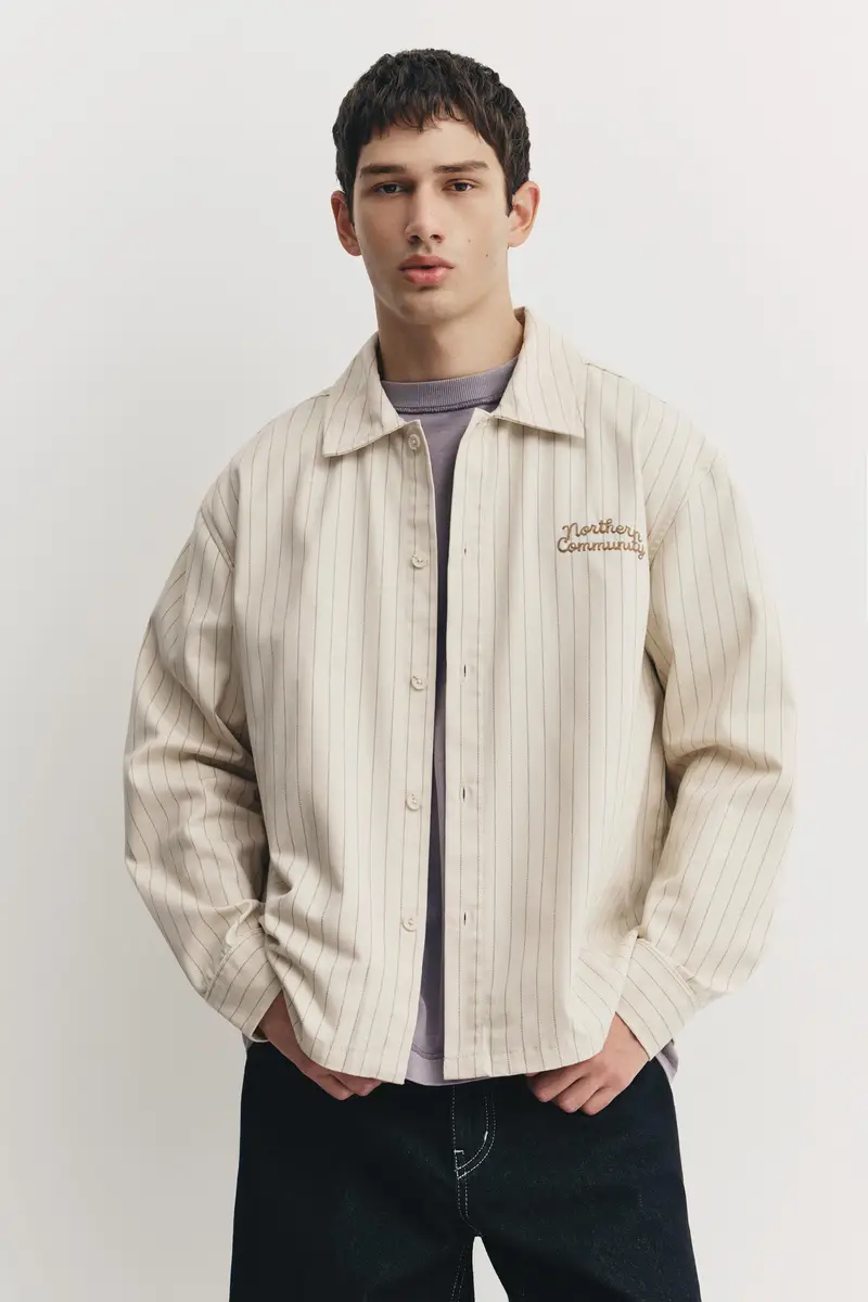 Camicia A Righe Ricamata Beige