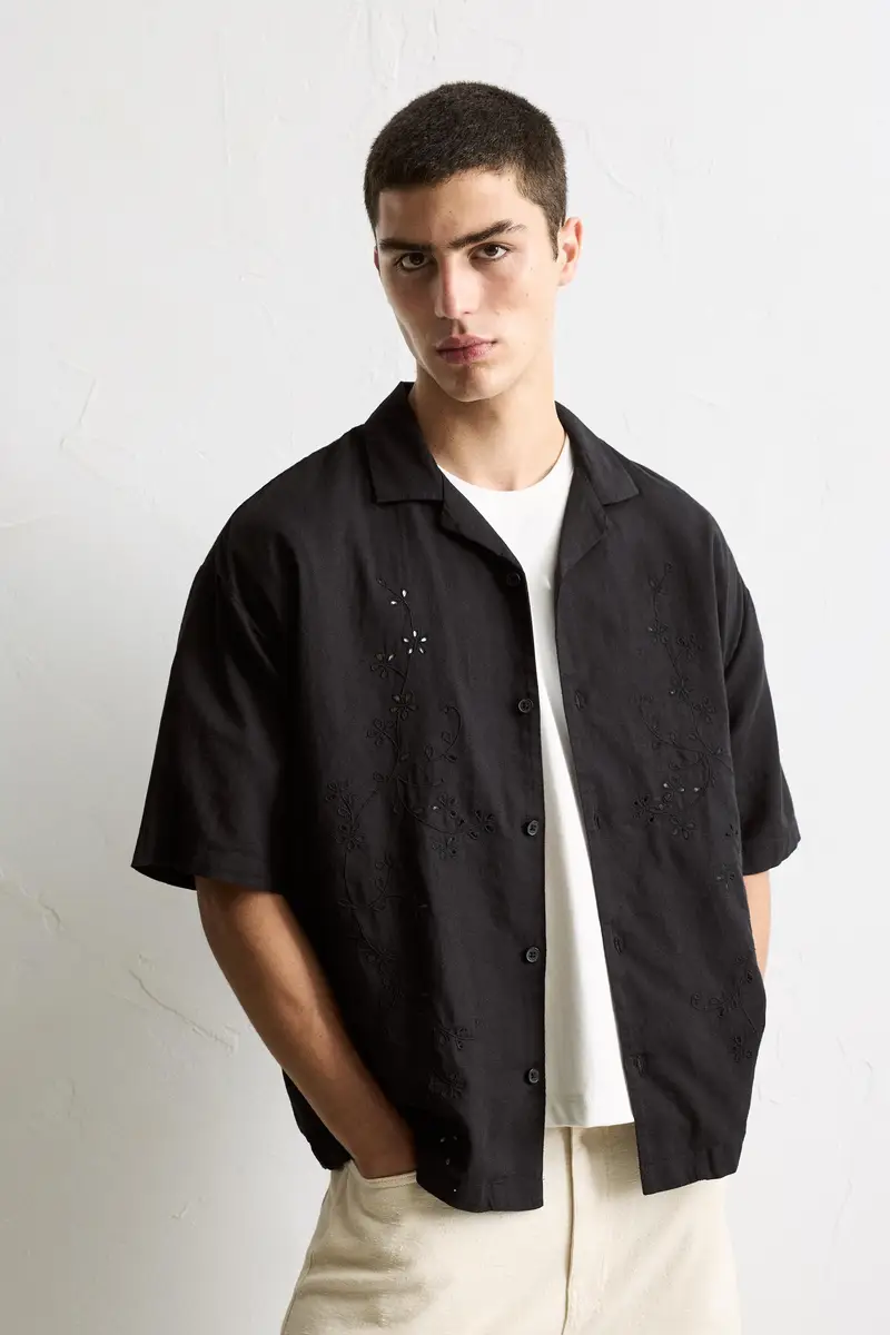 Camicia Con Fiori Ricamati Nero miniatura 2
