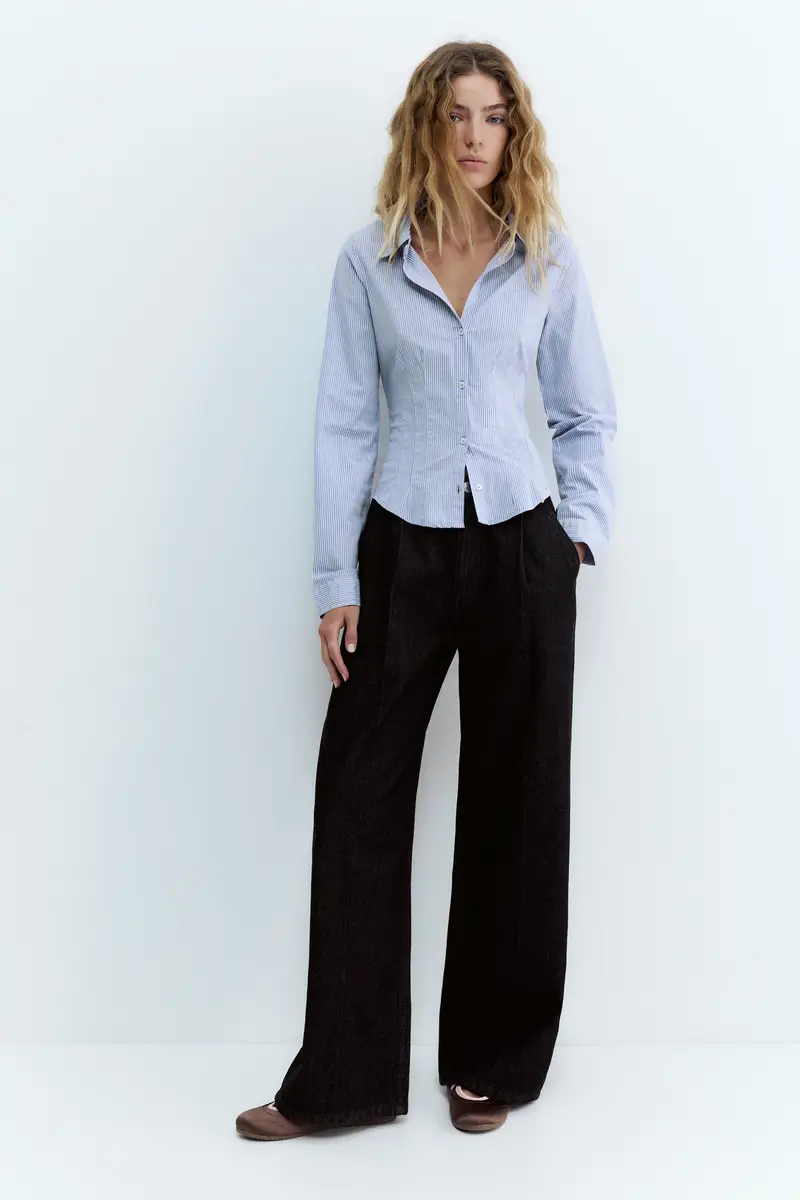 Camicia In Popeline Aderente Con Pinces Azzurro medio