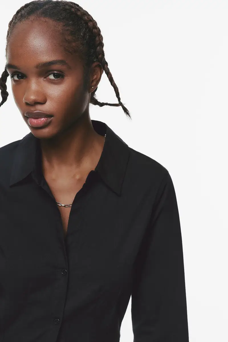 Camicia In Popeline Aderente Con Pinces Nero miniatura 3