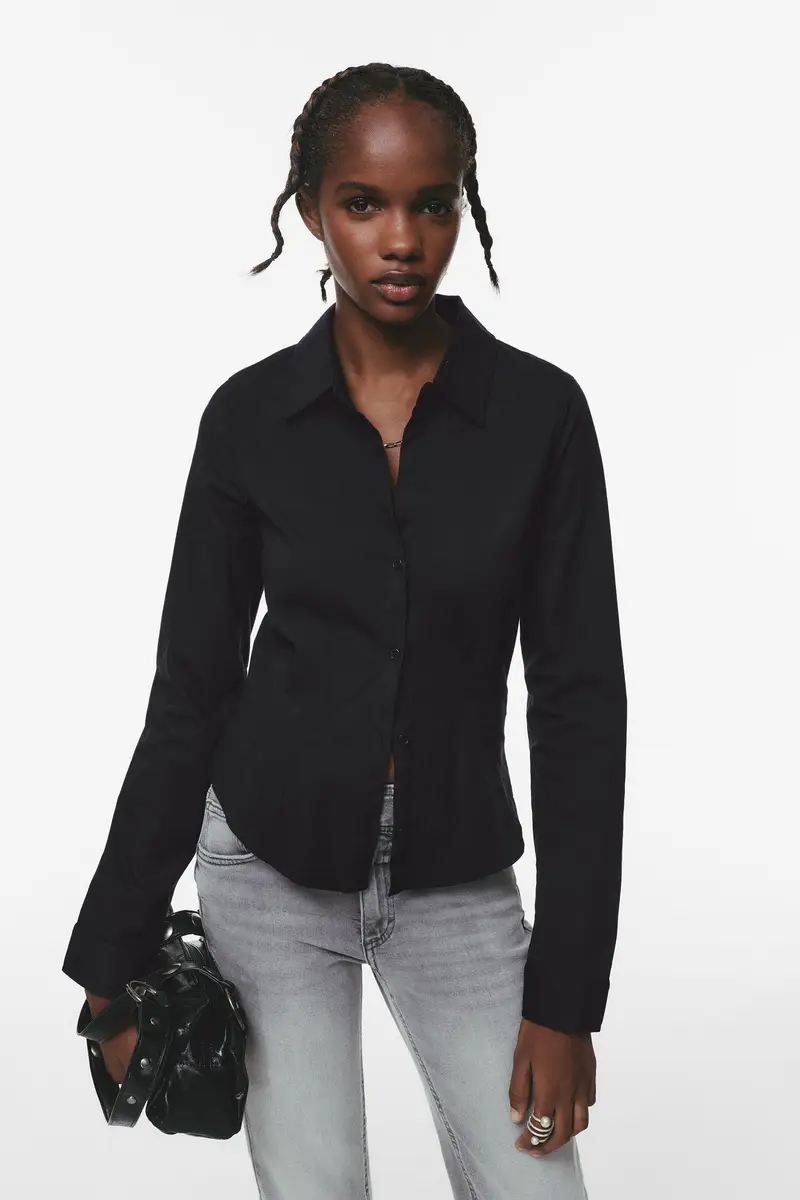 Camicia In Popeline Aderente Con Pinces Nero