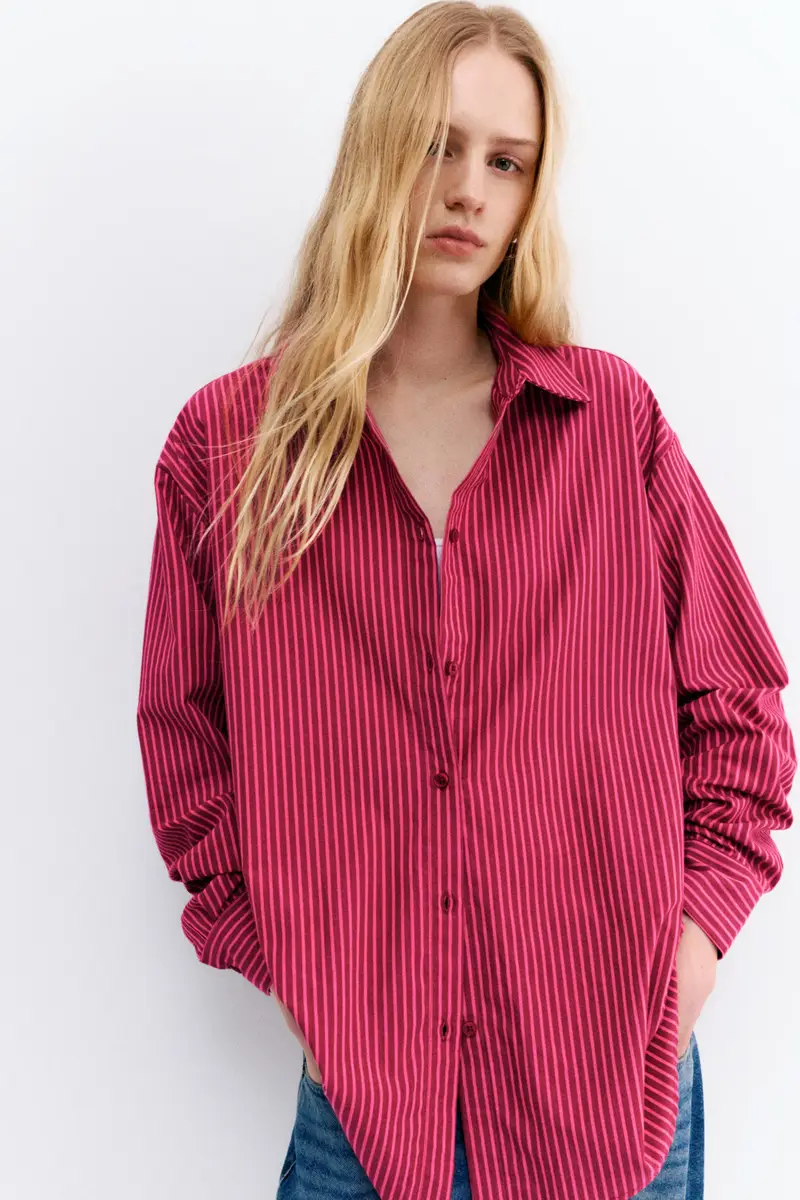 Camicia Popeline A Righe Rosa miniatura 3