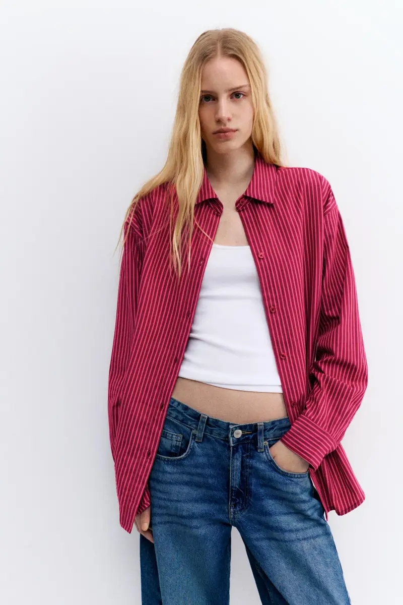 Camicia Popeline A Righe Rosa