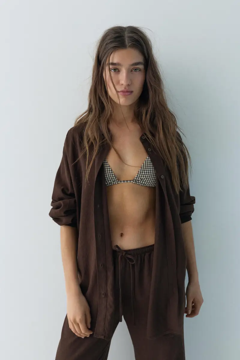 Camicia Rustica Con Lino Marrone miniatura 2