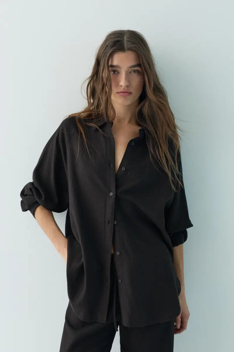 Camicia Rustica Con Lino Nero miniatura 2